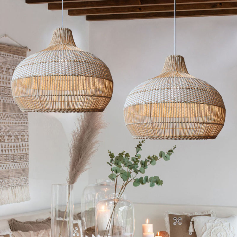Rattan Woven Lampshade – Natural Paper Rope Pendant Light Cover For Table/Floor Lamps & Chandeliers (Cream/Beige, 25x18cm)